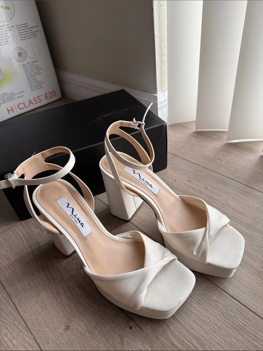 Nina White Platform Ankle-Strap Block Heels